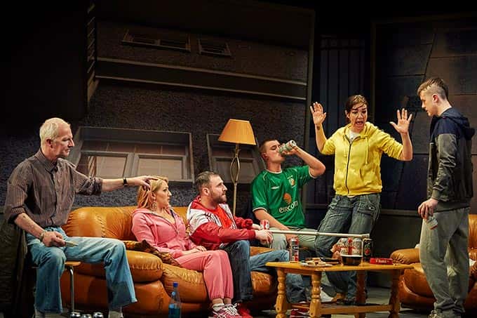 Andrew Connolly (Paddy), Sarah Morris (Edel), Keith Hanna (Dave), Josh Carey (Bundy), Hilda Fay (Tina) and Scott Graham (Aaron) in Tina’s Idea of Fun by Sean P. Summers. Directed by Conall Morrison. Photography by Ros Kavanagh.